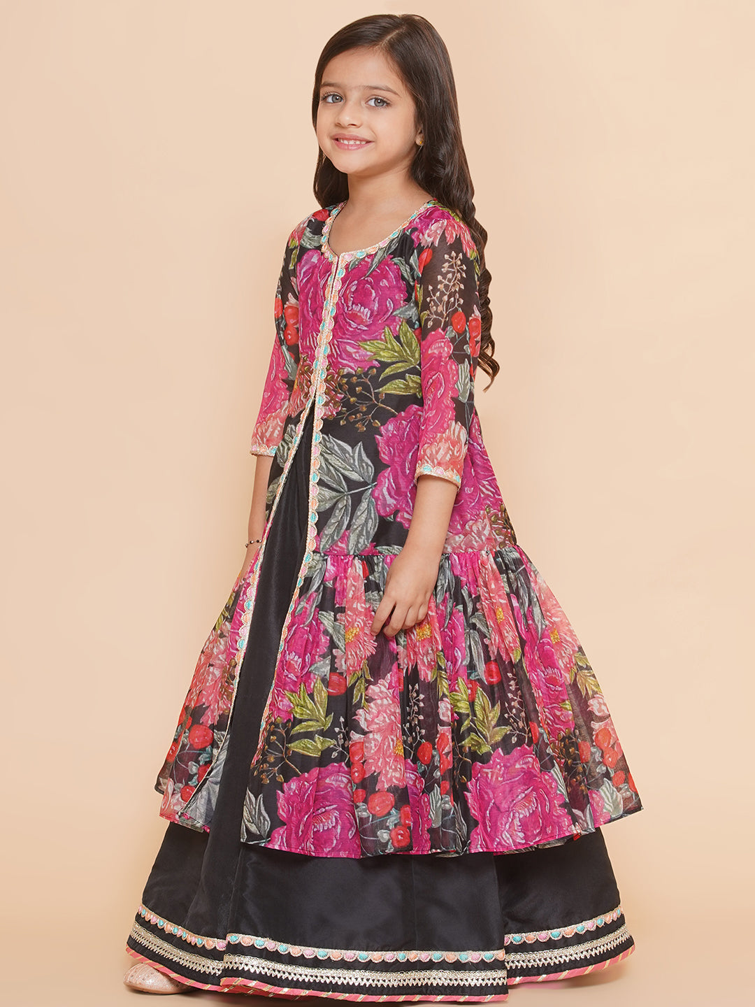 Girls Black Floral Print Lace Work Kurta with Skirt for Kids - Bhama - Distacart