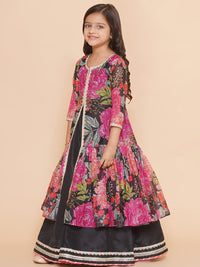 Thumbnail for Girls Black Floral Print Lace Work Kurta with Skirt for Kids - Bhama - Distacart