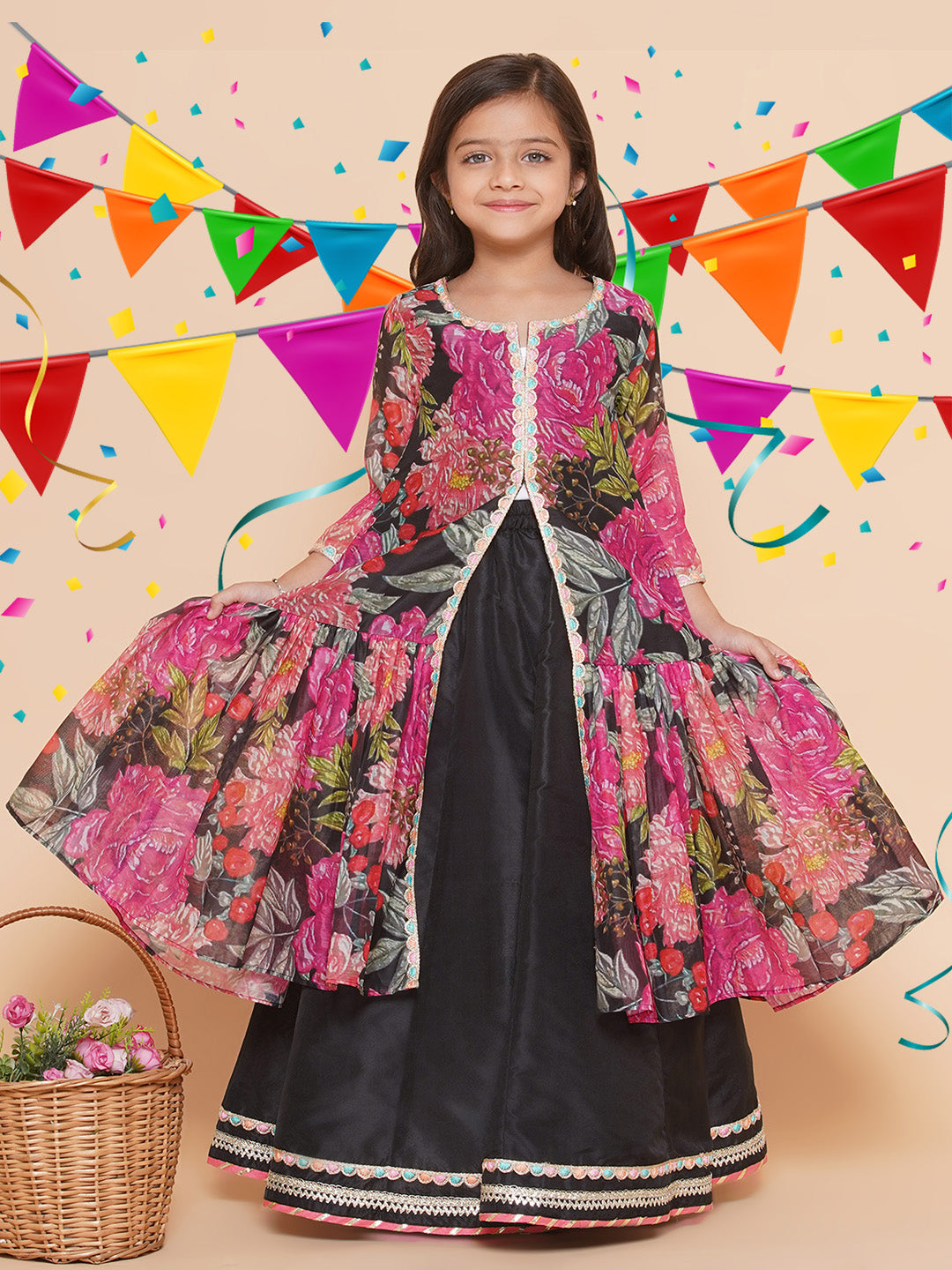 Girls Black Floral Print Lace Work Kurta with Skirt for Kids - Bhama - Distacart