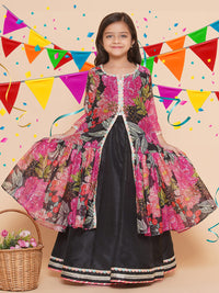 Thumbnail for Girls Black Floral Print Lace Work Kurta with Skirt for Kids - Bhama - Distacart