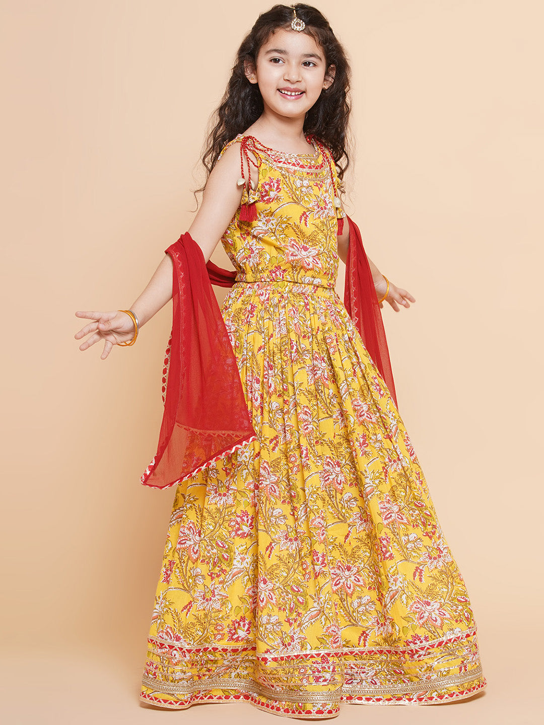Girls Yellow & Pink Printed Ready to Wear Lehenga & Blouse With Dupatta -  Saka Designs - 3902491