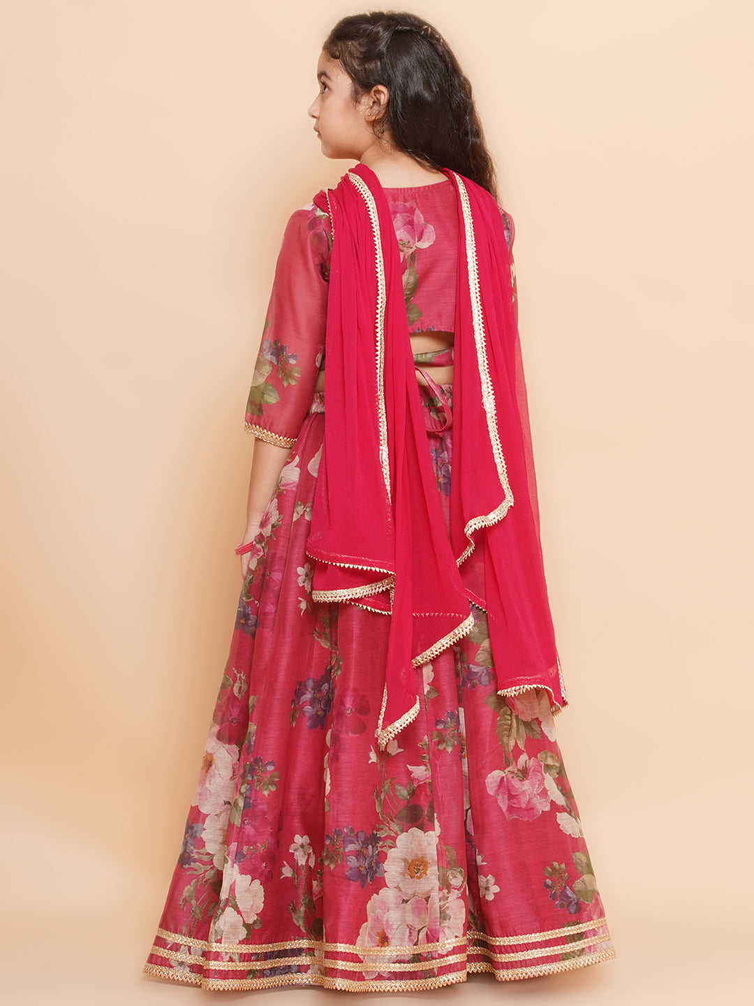 Girls Maroon Floral Printed Ready to Wear Lehenga & Blouse With Dupatta - Bhama - Distacart