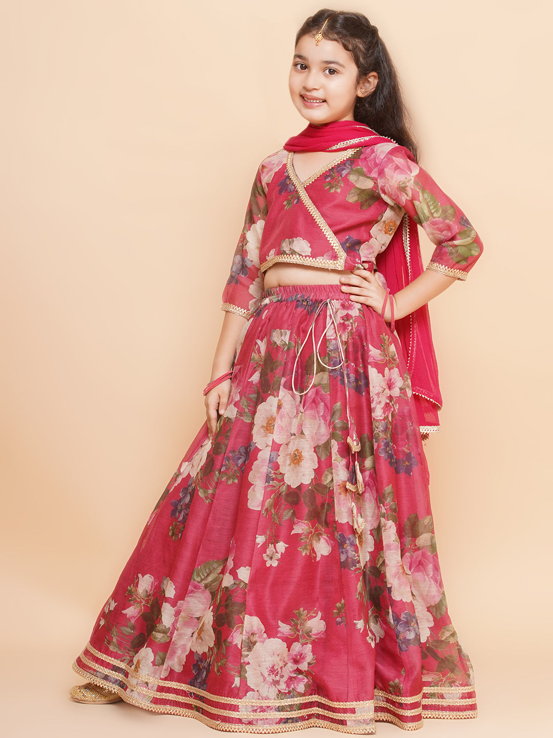 Girls Maroon Floral Printed Ready to Wear Lehenga & Blouse With Dupatta - Bhama - Distacart