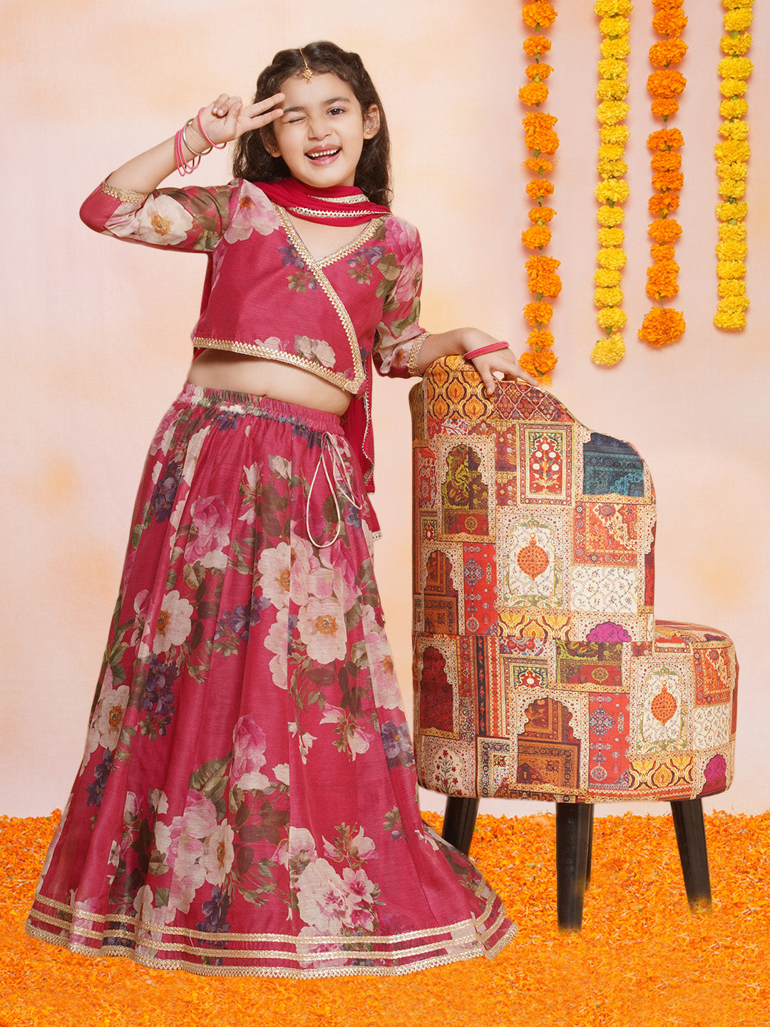 Girls Maroon Floral Printed Ready to Wear Lehenga & Blouse With Dupatta - Bhama - Distacart