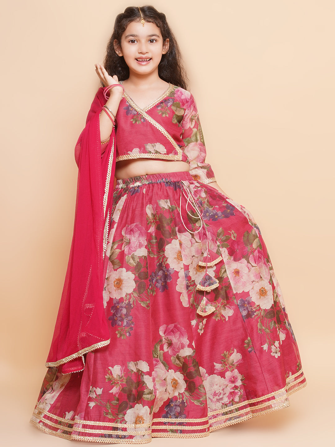 Girls Maroon Floral Printed Ready to Wear Lehenga & Blouse With Dupatta - Bhama - Distacart