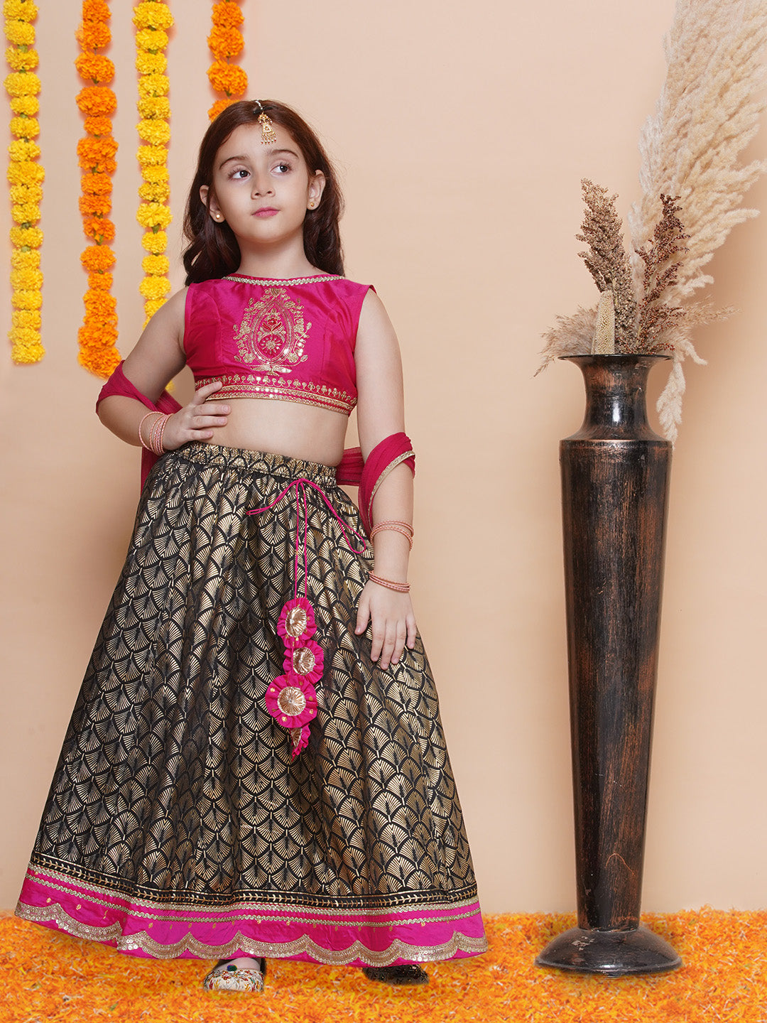 Buy Girls Pink Embroidered Choli & Black foil printed Ready to Wear Lehenga  With Dupatta - Bhama Online at Best Price | Distacart