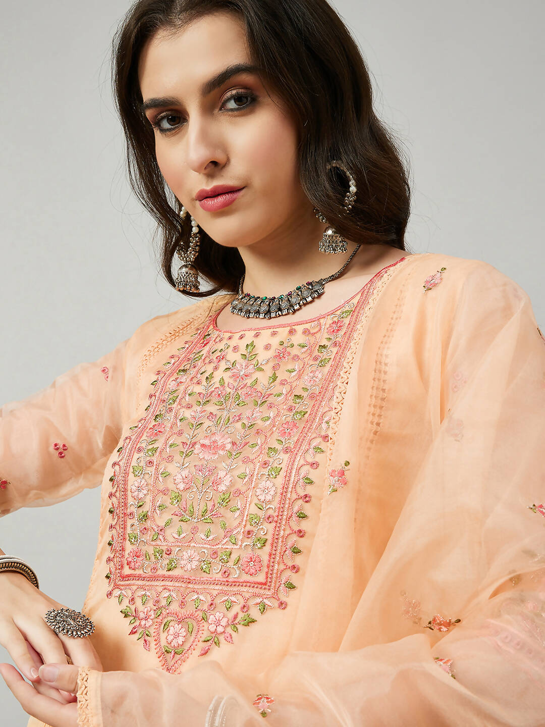 Orange Organza Embroidered Kurta with Bottom & Dupatta - Salimar - Distacart