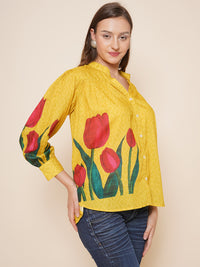Thumbnail for Women's Yellow Floral Printed Shirt Style Top - Bhama - Distacart