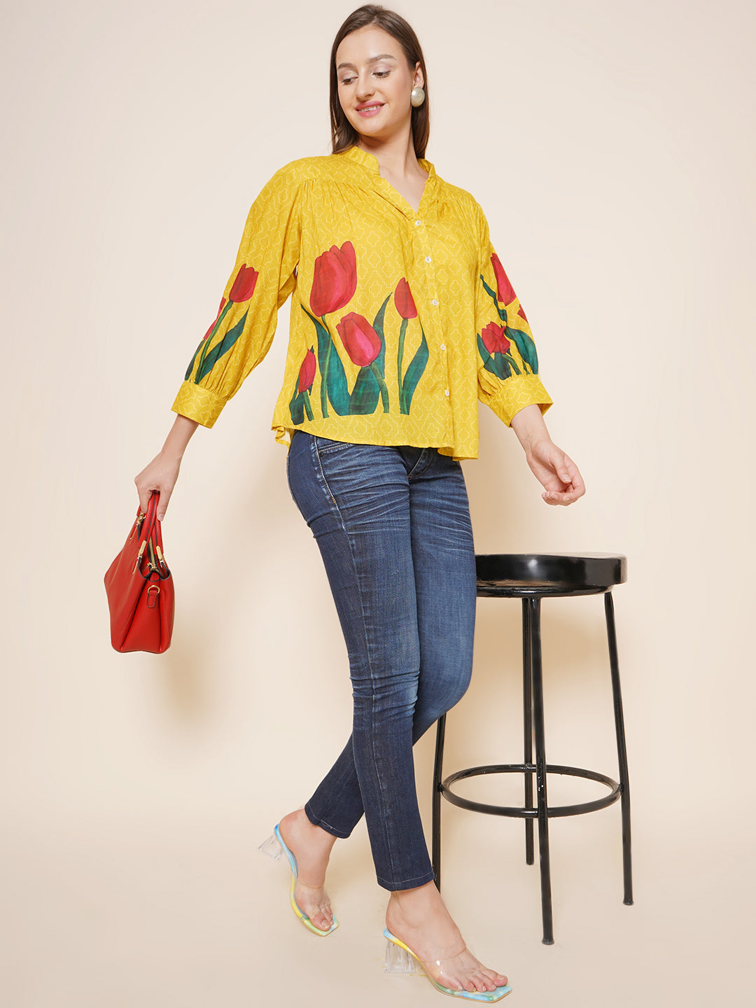 Women's Yellow Floral Printed Shirt Style Top - Bhama - Distacart