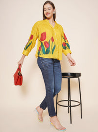 Thumbnail for Women's Yellow Floral Printed Shirt Style Top - Bhama - Distacart