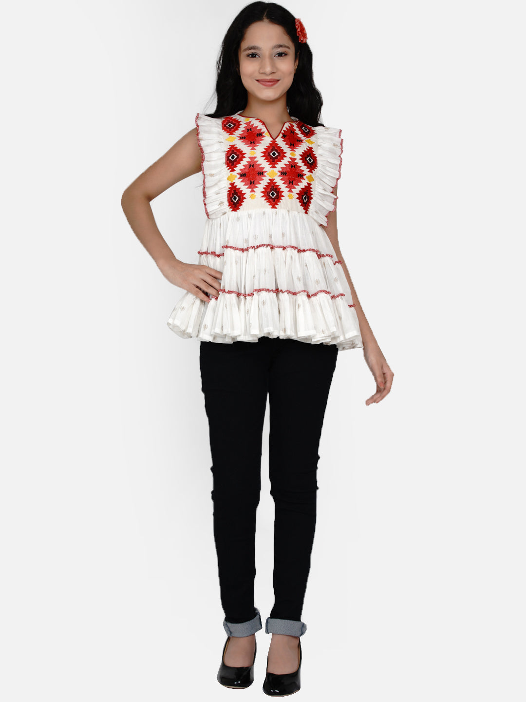 Buy Girls White & Red Geometric Tiered Top For Kids - Bhama Online At 