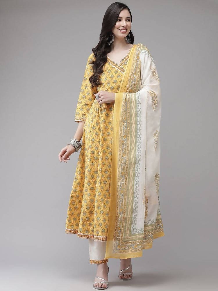 Yufta Women Yellow Floral Print Angrakha Pure Cotton Kurta and Trouser With Dupatta