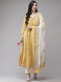 Thumbnail for Yufta Women Yellow Floral Print Angrakha Pure Cotton Kurta and Trouser With Dupatta