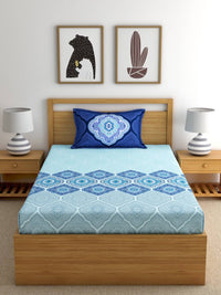 Thumbnail for Dreamscape Blue Ethnic 144 TC Cotton Bedsheet with Reversible Pillow Covers - Distacart