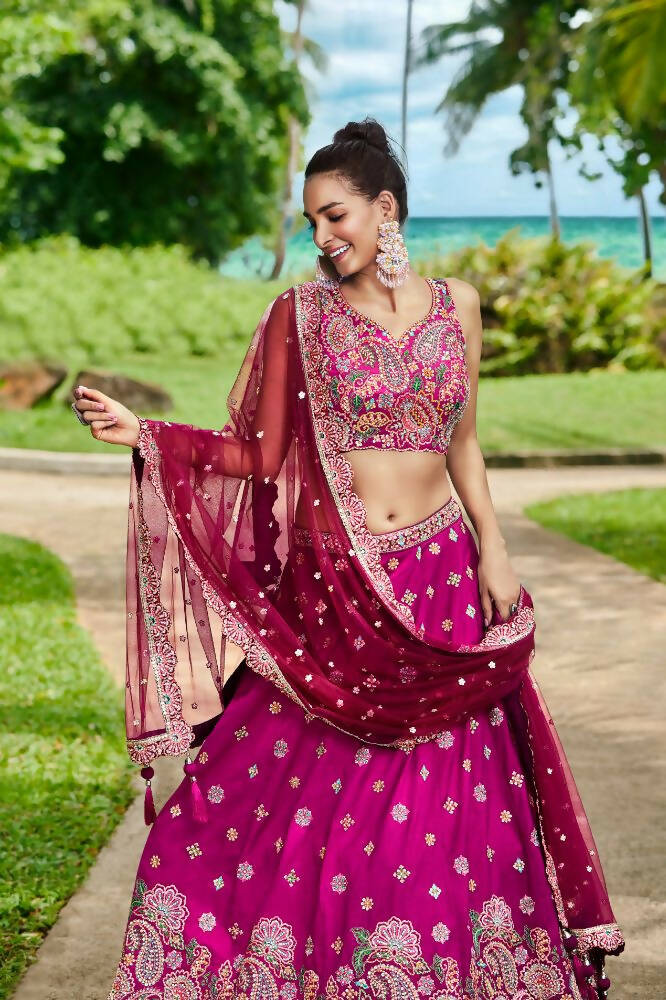 House of Panchhi Burgundy Satin Silk Sequins And Zarkan Embroidery Lehenga Choli & Dupatta - Distacart