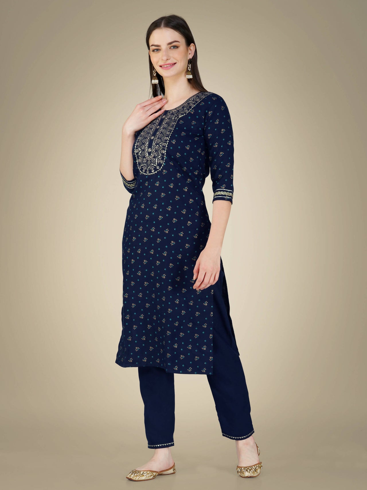 Aastha Fashion Women's Navy Blue Cotton Magic Slub Embroidery & Sequence Work Kurta with Trouser & Dupatta - Distacart