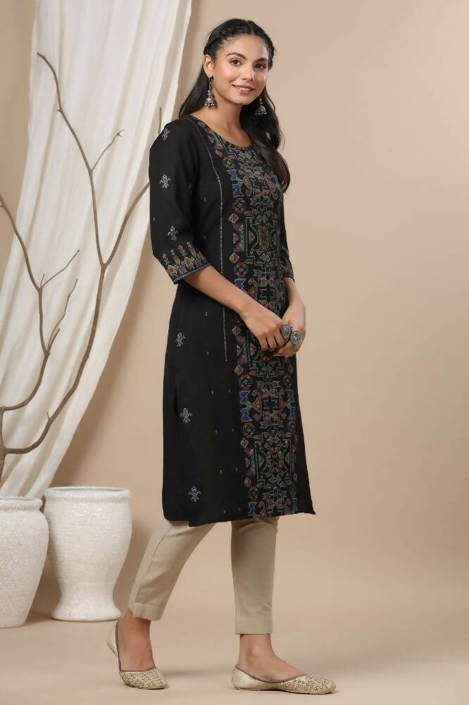 Juniper Women Black Rayon Flex Printed Straight Kurta - Distacart