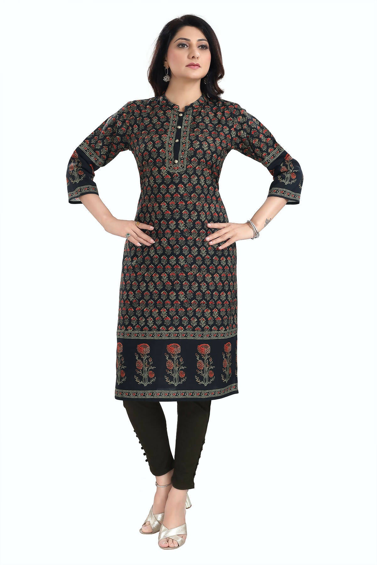 Snehal Creations Breathtaking Black Designer Digital Print Cotton Slub Fabric Long Kurti Tunic - Distacart