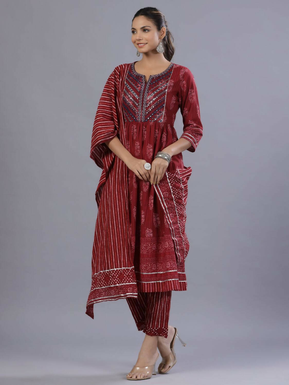 Juniper Women Maroon Cotton Cambric Batik texture Printed Kurta, Pants and Dupatta Set - Distacart