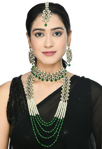 Thumbnail for Mominos Fashion Johar Kamal Gold-Plated Rani Haar with Green and Off white Pearls Jewellery Set - Distacart