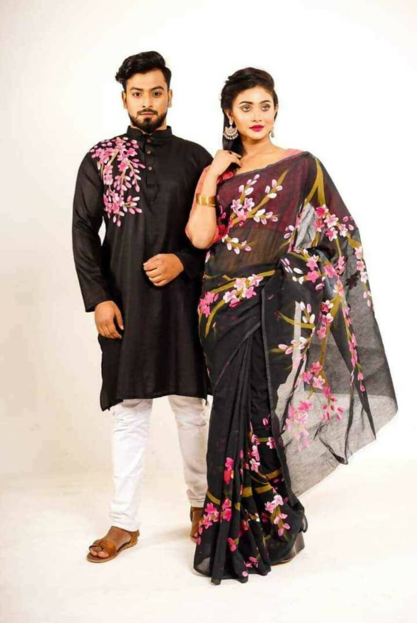 Exclusive Collection Elegant Hand Printing Designe On Pure Cotton Saree And Men's Kurta - Black - Distacart