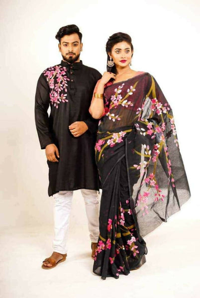 Exclusive Collection Elegant Hand Printing Designe On Pure Cotton Saree And Men's Kurta - Black - Distacart