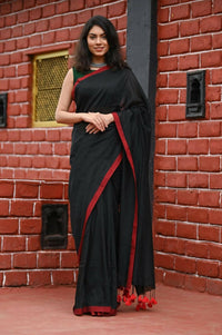 Thumbnail for Very Much Indian Pure Cotton Handloom Saree With Intricate Border - Black - Distacart