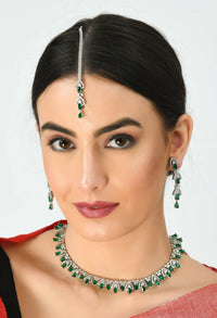 Thumbnail for Mominos Fashion Johar Kamal Silver-Plated American Diamond Green Choker Set - Distacart