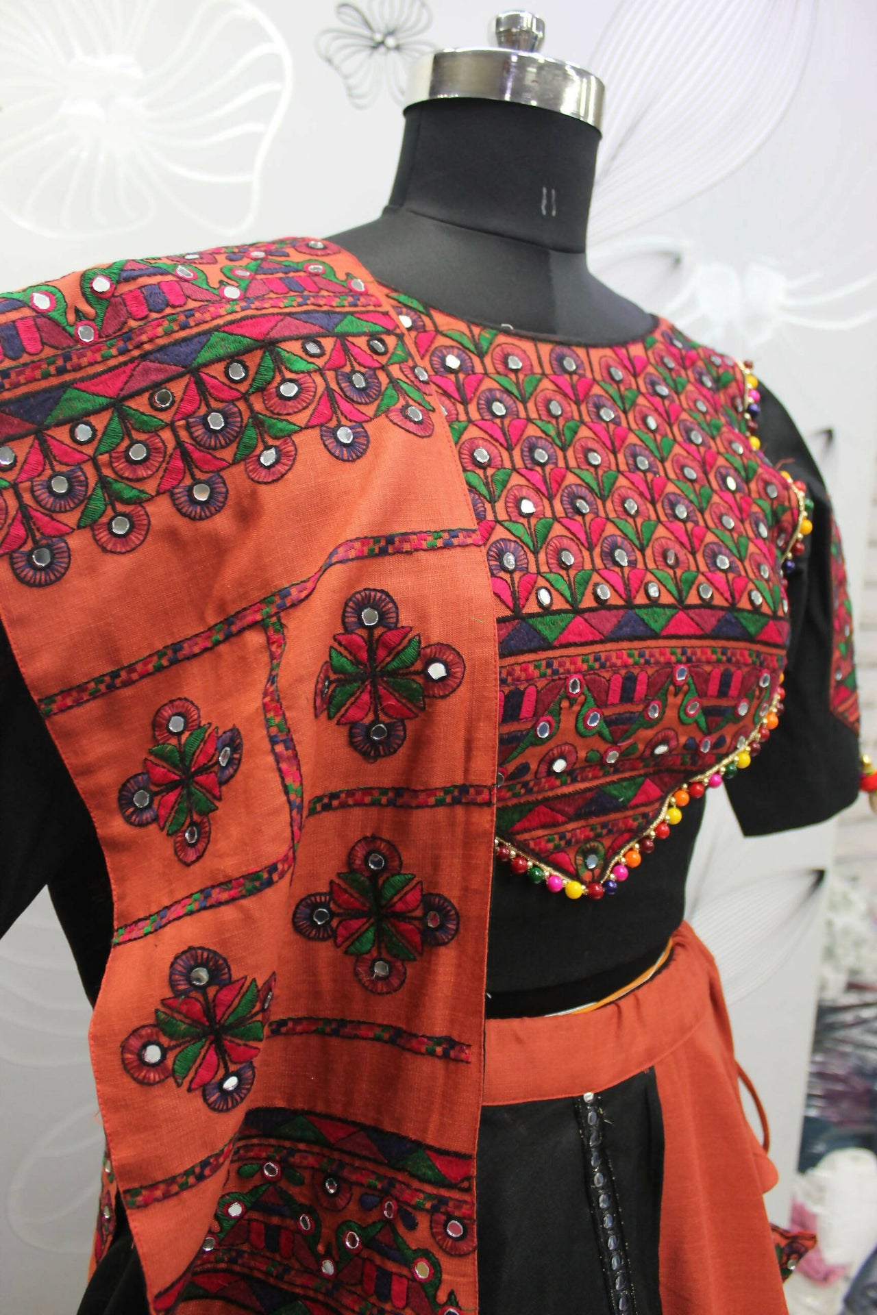Orange Cotton Thread Embroidered Navratri Lehenga Choli with Dupatta - Raas - Distacart