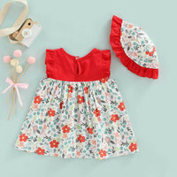 Thumbnail for Bold N Elegant Cotton Floral Printed Ruffle Sleeve Princess Dress Frock With Fabric Hat Cap - Red - Distacart