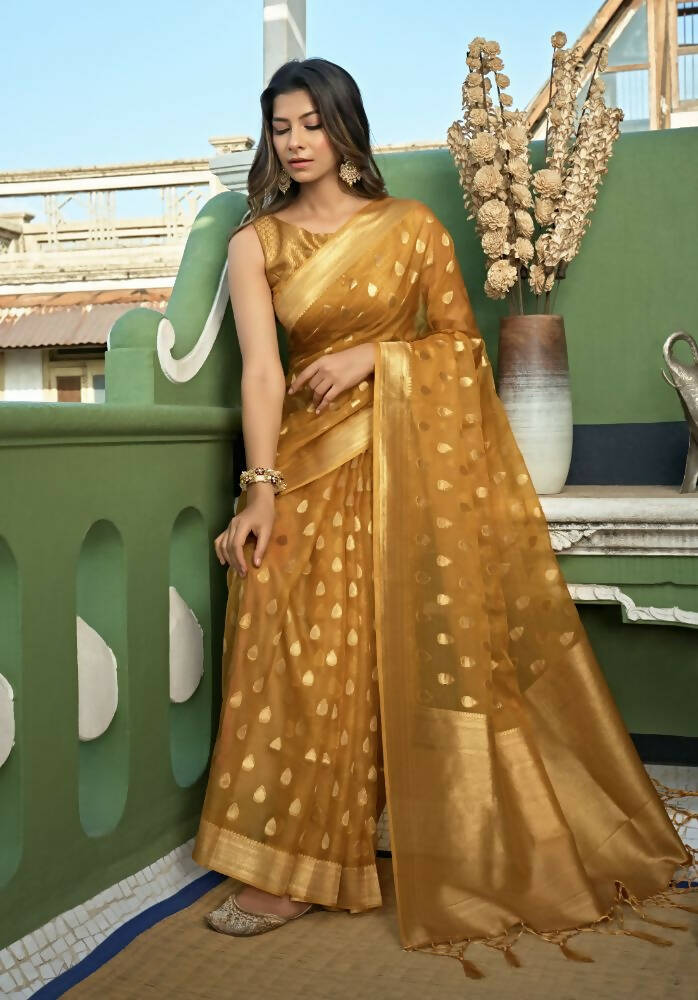 Delightful Designer Light Yellow Color Organza Silk Saree With Weaving Work - Yomika Fashions - Distacart