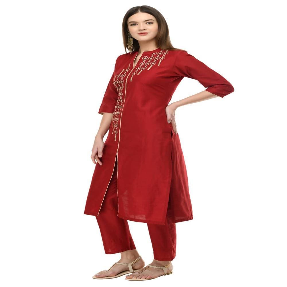 Lagi Women's Maroon Poly silk Straight Embroidred Kurta Pant (RO115A)