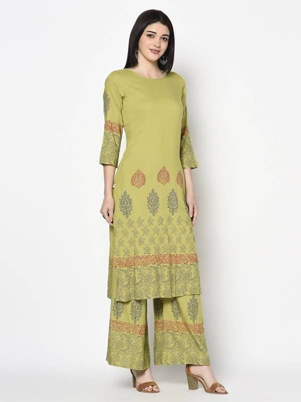 Aniyah Rayon Parrot Green Color Block Print Straight Kurta Palazzo Set (AN-197K)