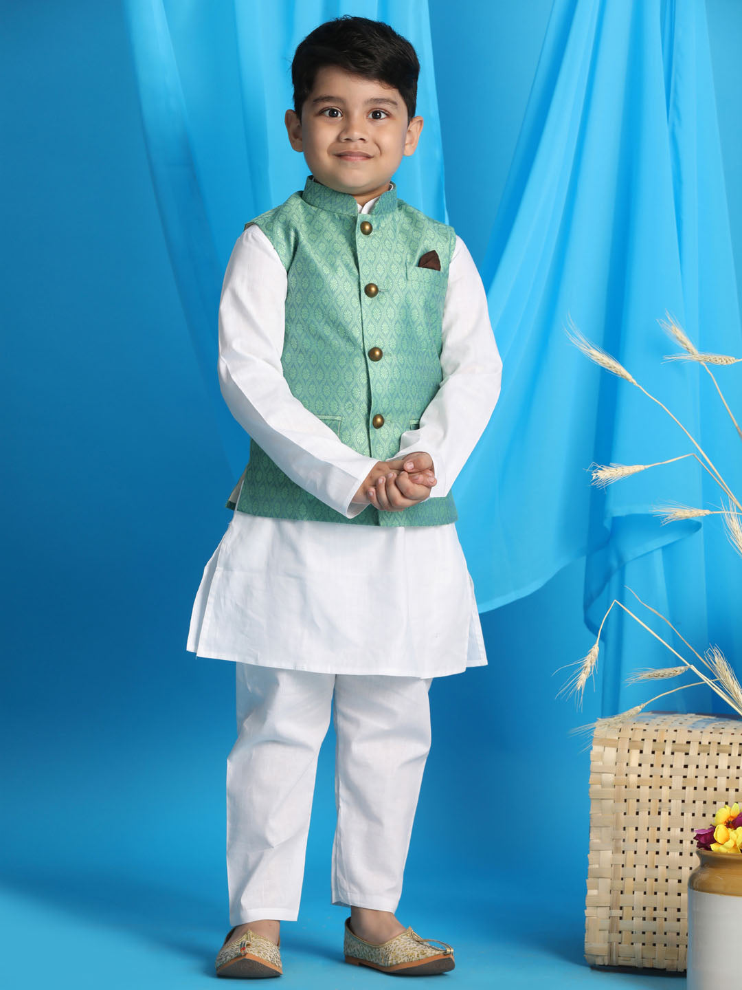 Dazzling White Jaquard Nehru Modi Jacket With Silk Kurta Pajama Set| A –  Desioz