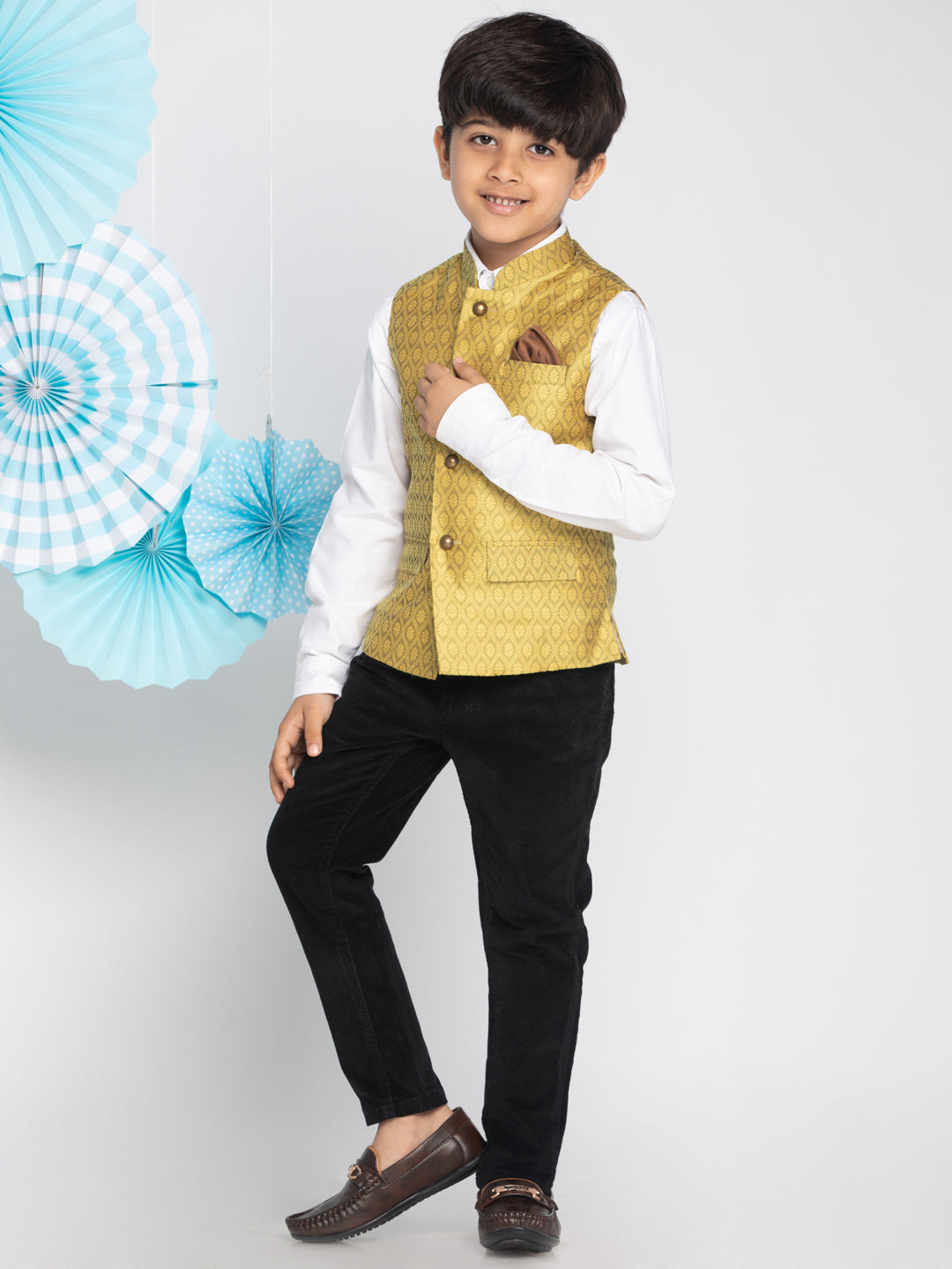 NAMASKAR Boys Cream-Coloured & Beige Printed Pure Silk Woven Nehru Jacket -  Absolutely Desi