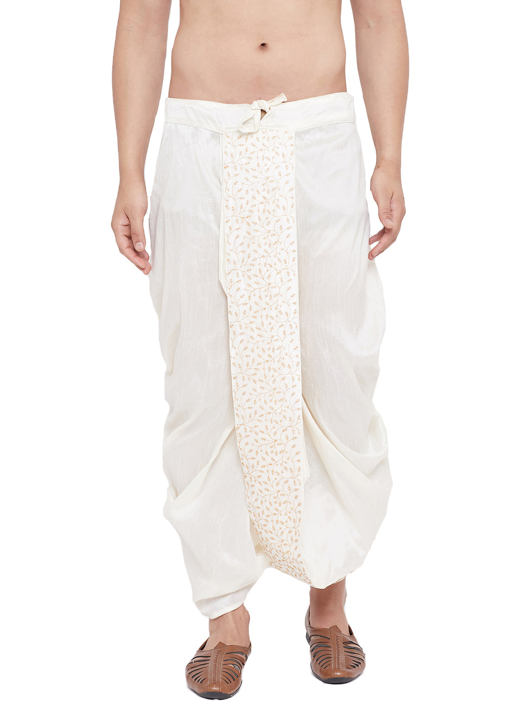 Vastramay Men's Cream Silk Blend Embroidered Dhoti - Distacart