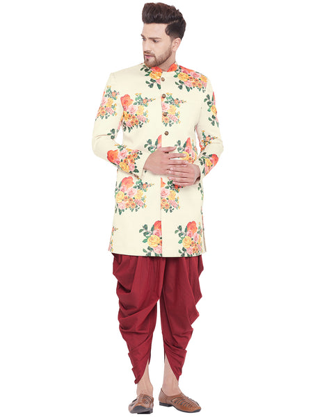 Vastramay Men's Multicolor Floral And Maroon Silk Blend Sherwani Set - Distacart