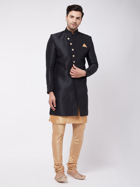 Vastramay Men's Black And Rose Gold Silk Blend Sherwani Set - Distacart