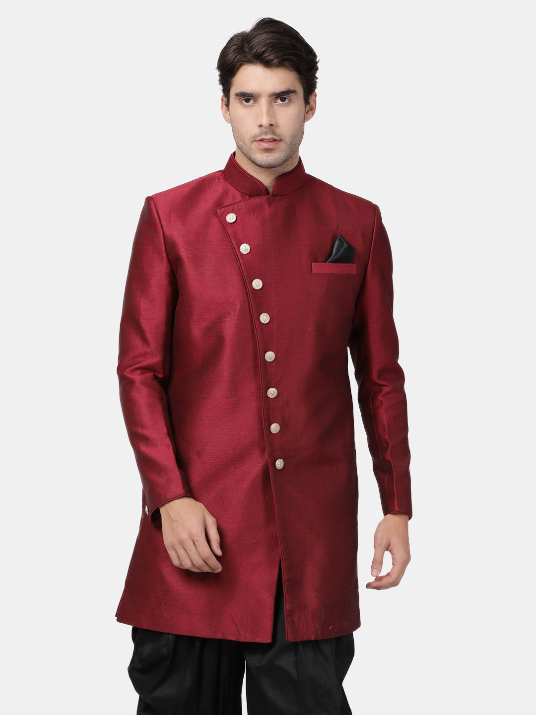 Vastramay Men's Maroon Silk Blend Sherwani Only Top - Distacart