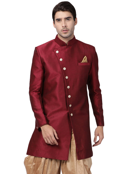 Vastramay Men's Maroon Silk Blend Sherwani Only Top - Distacart