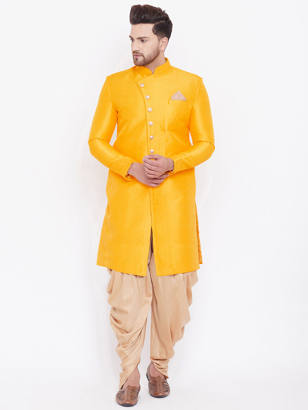 Vastramay Men's Mustard And Rose Gold Silk Blend Sherwani Set - Distacart