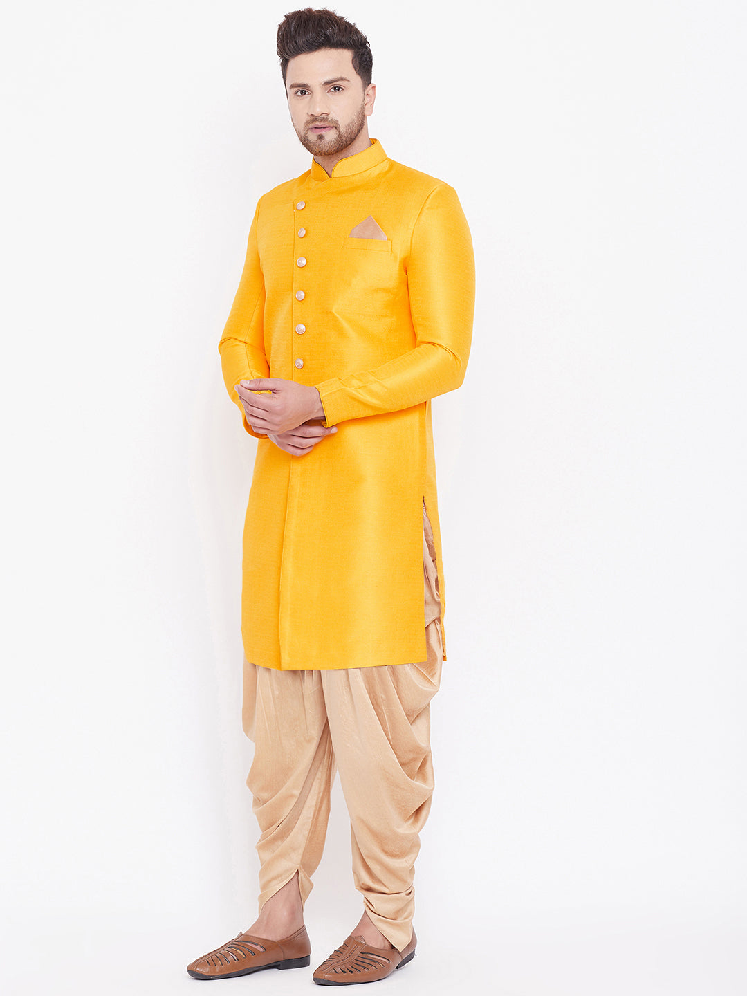 Vastramay Men's Mustard And Rose Gold Silk Blend Sherwani Set - Distacart