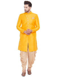 Thumbnail for Vastramay Men's Mustard And Rose Gold Silk Blend Sherwani Set - Distacart