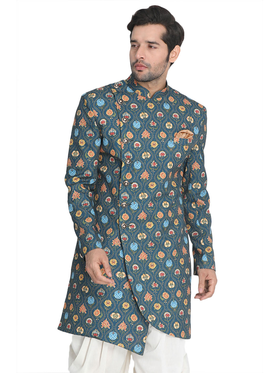 Vastramay Men's Dark Blue Silk Blend Sherwani Only Top - Distacart