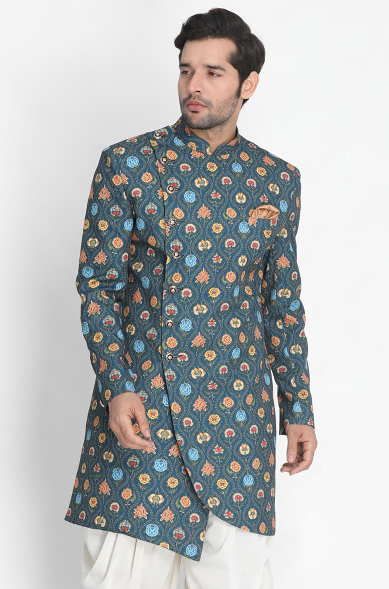 Vastramay Men's Dark Blue Silk Blend Sherwani Only Top - Distacart