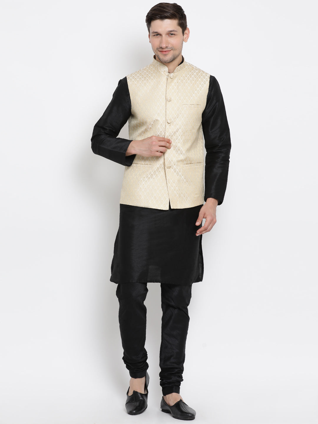 Vastramay Men's Black Silk Blend Jacket, Kurta and Pyjama Set - Distacart