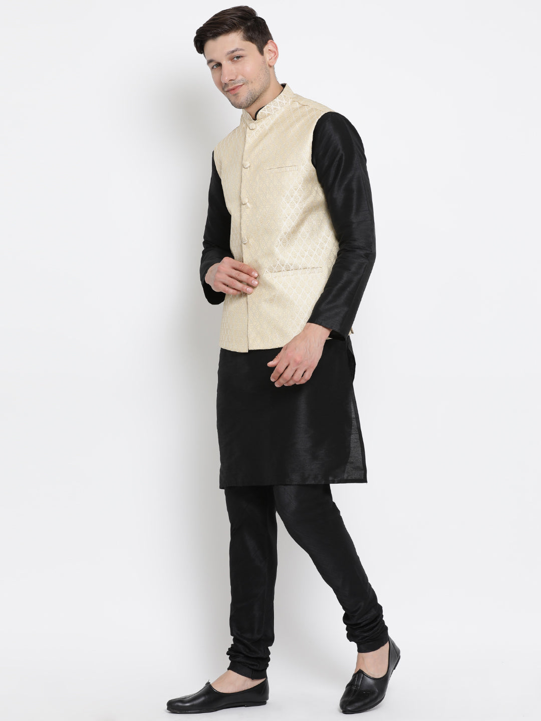 Vastramay Men's Black Silk Blend Jacket, Kurta and Pyjama Set - Distacart