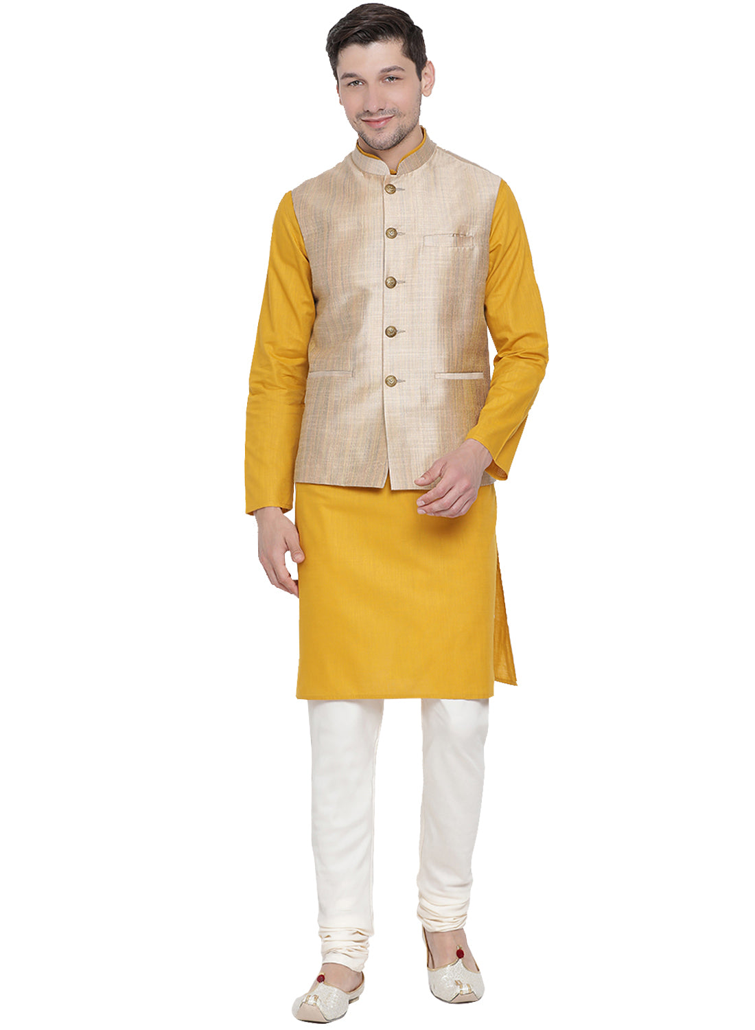 Vastramay Men's Yellow Cotton Linen Blend Jacket, Kurta and Pyjama Set - Distacart