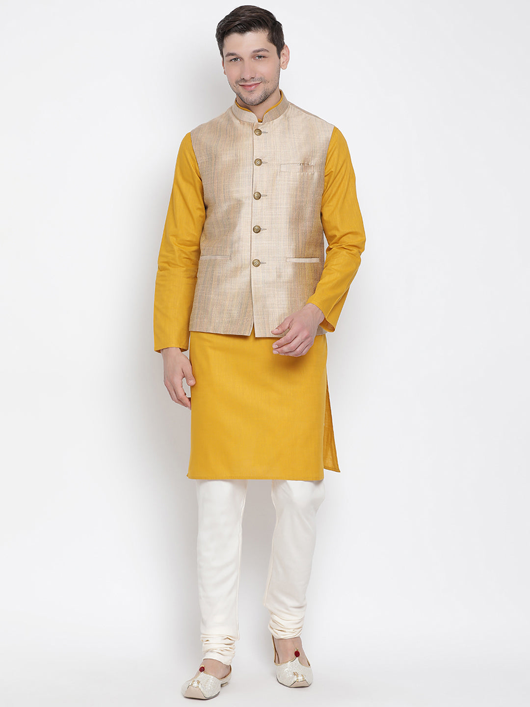 Vastramay Men's Yellow Cotton Linen Blend Jacket, Kurta and Pyjama Set - Distacart