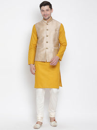 Thumbnail for Vastramay Men's Yellow Cotton Linen Blend Jacket, Kurta and Pyjama Set - Distacart